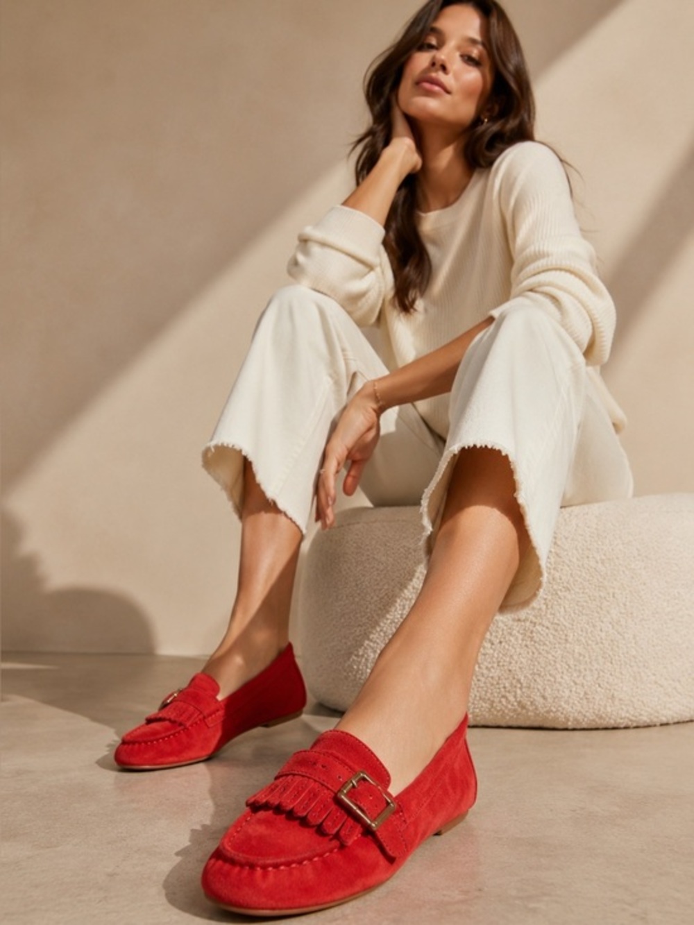 Alex Marie Vibrant Red Suede Buckle 8.5 Flats Fringe Moccasin Boho Classic